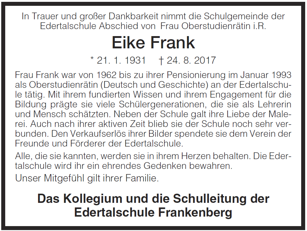 traueranzeige eike frank